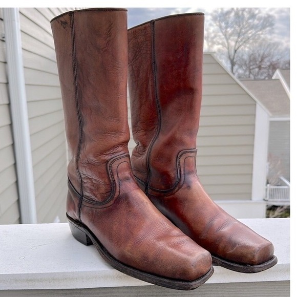Vintage Men's 60's-70's Frye Cognac Brown Leather Square Toe Campus Boots Sz 9.5 - Picture 1 of 12